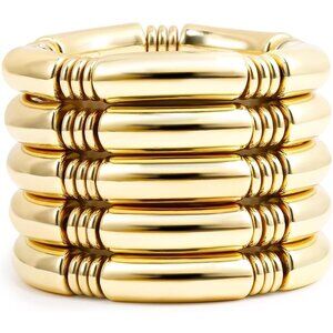 Gold Plated Stretch Bangles Bracelets for Women 5pcs Bamboo Tube Jewelry